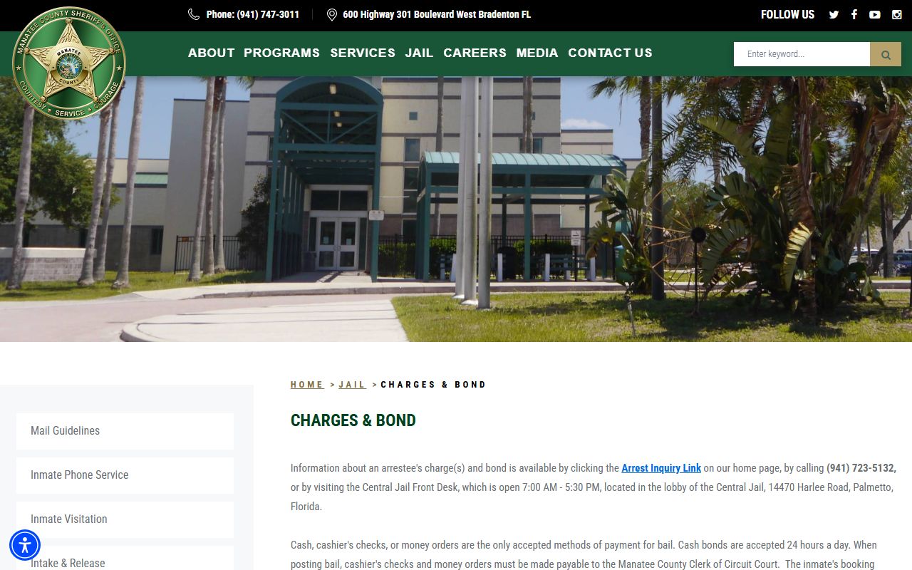 Manatee County jail charges and bond information page