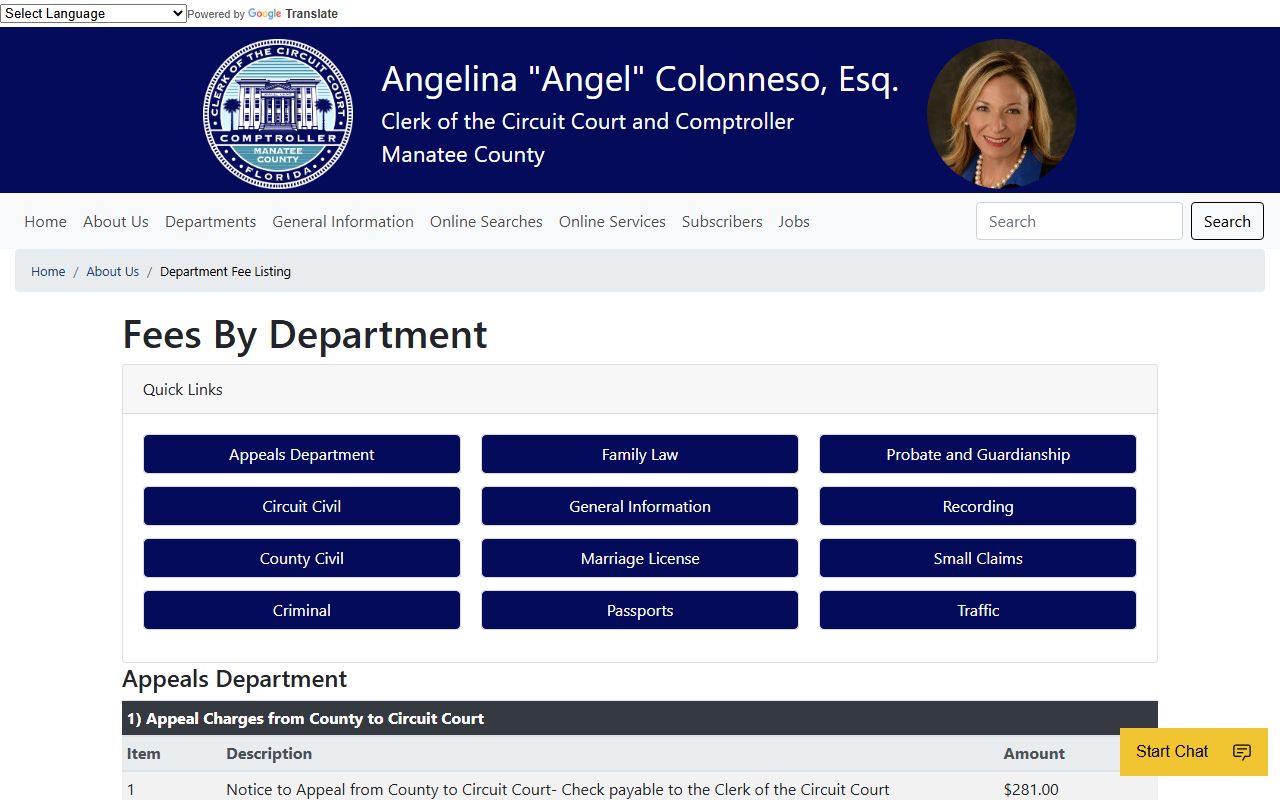 Manatee County Clerk department fee listing page