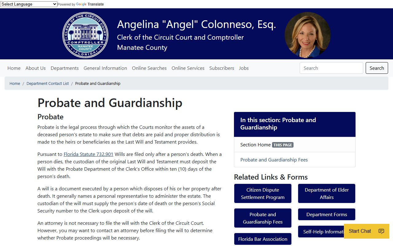 Manatee County Clerk probate and guardianship department page