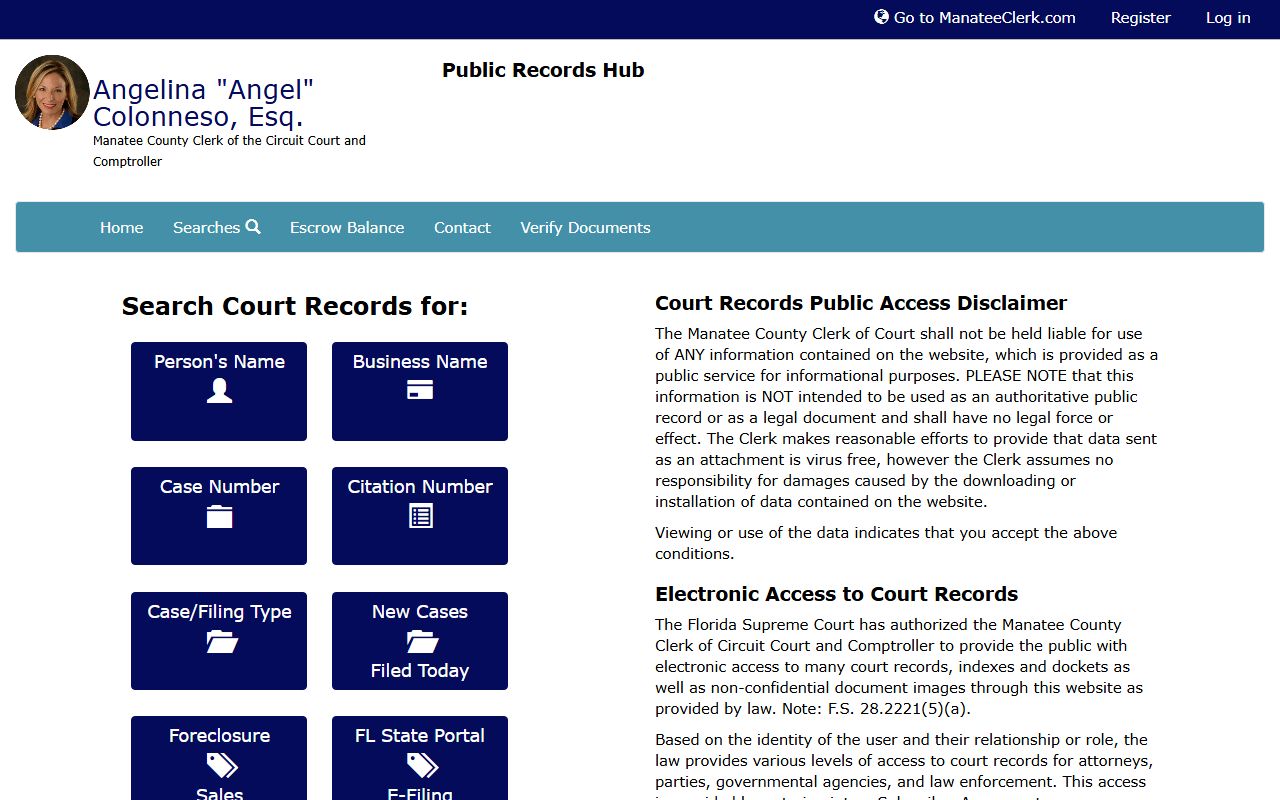 Manatee County Court Records search landing page