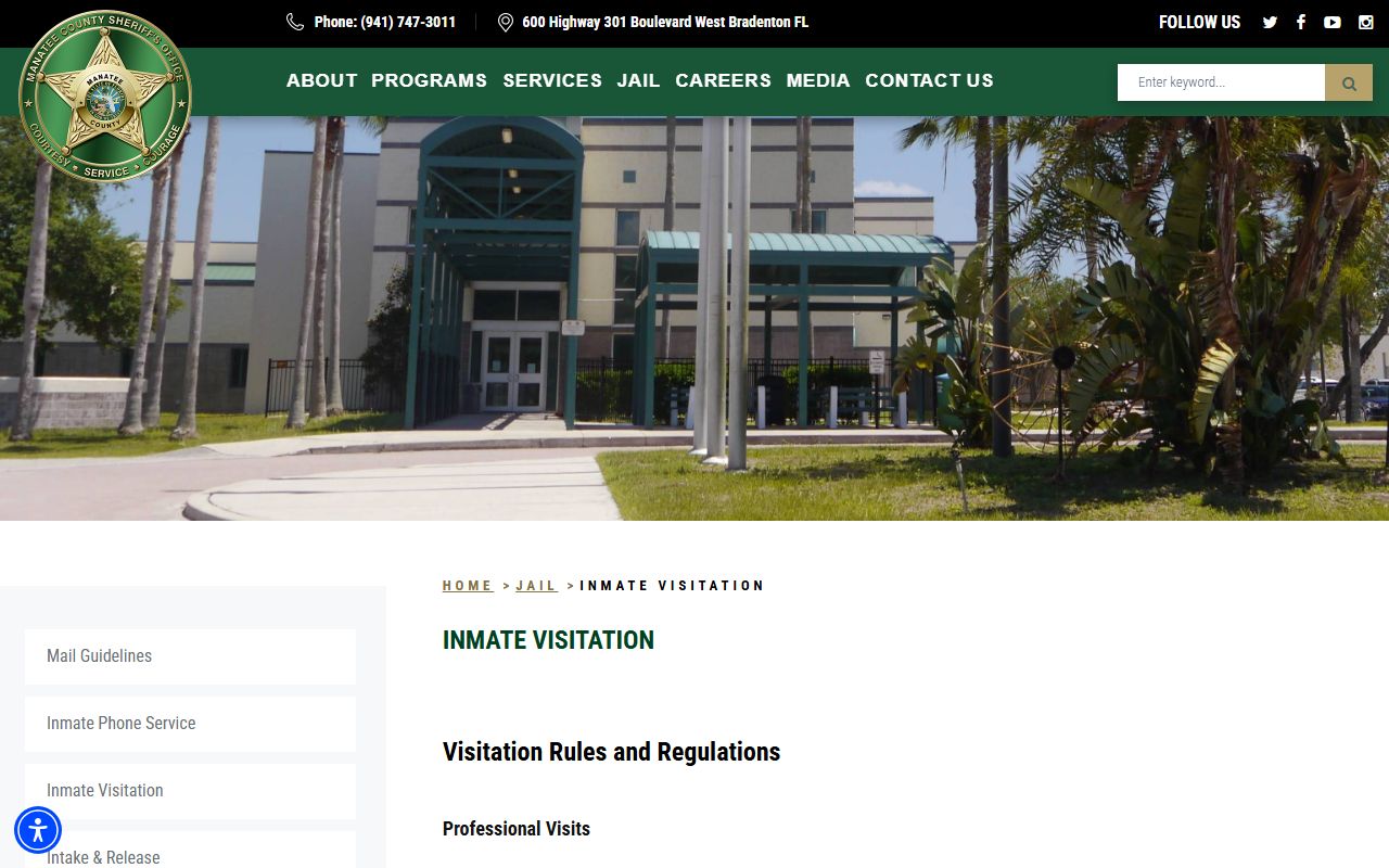 Manatee County jail inmate visitation rules page