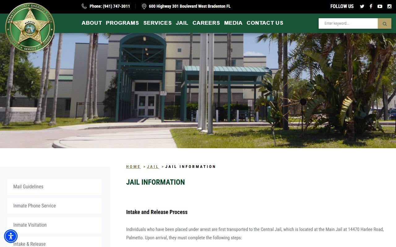 Manatee County Central Jail information page