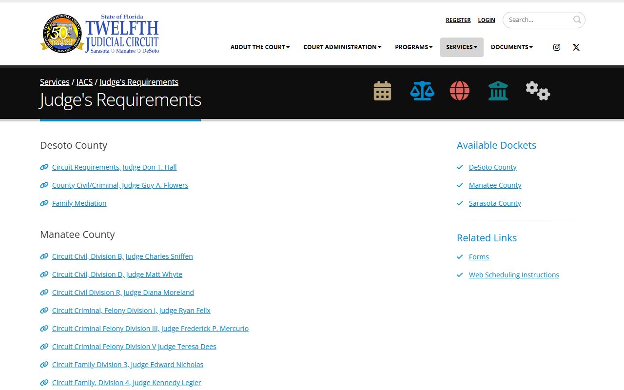 Twelfth Judicial Circuit judges and divisions page for Manatee County