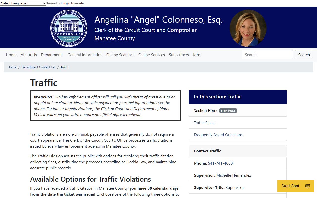 Manatee County Clerk Traffic department page