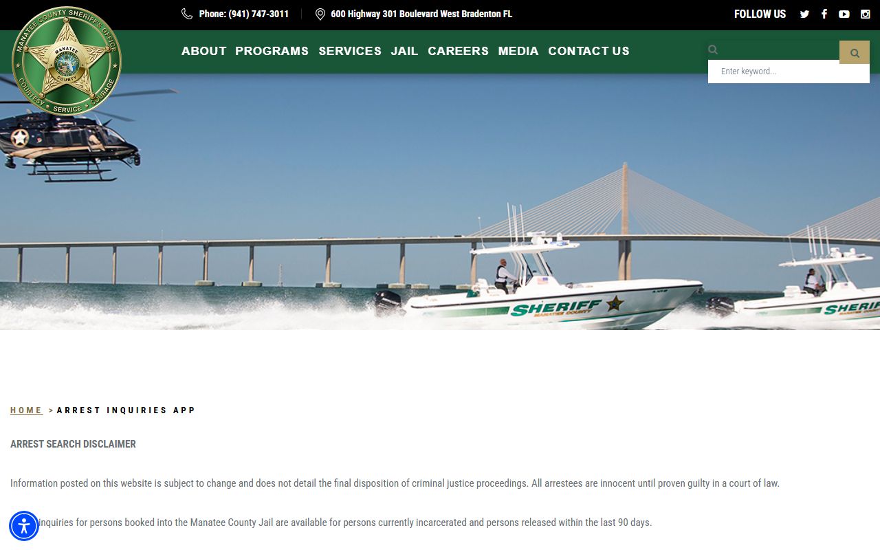 Manatee County Sheriff arrest inquiry application page