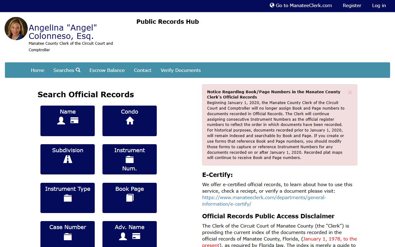 Manatee County Clerk Official Records search landing page