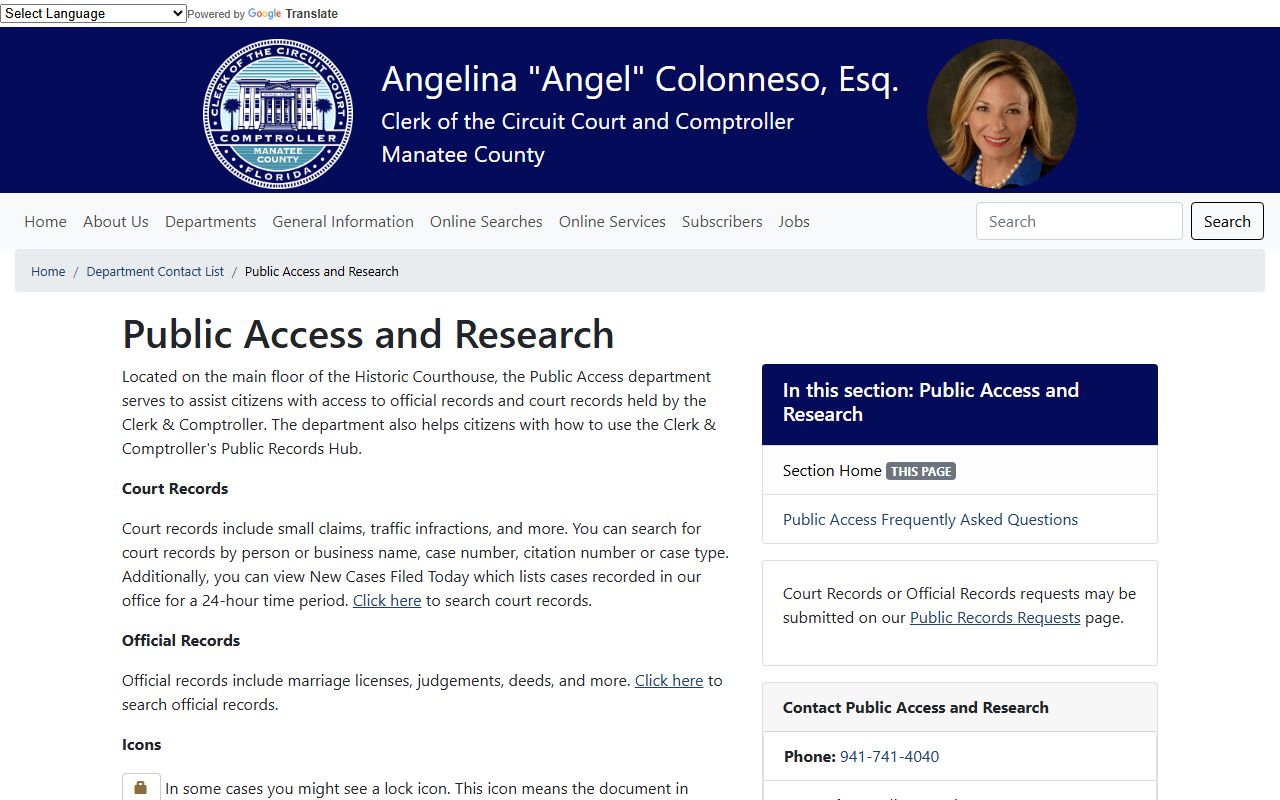 Manatee County Clerk Public Access and Research department page