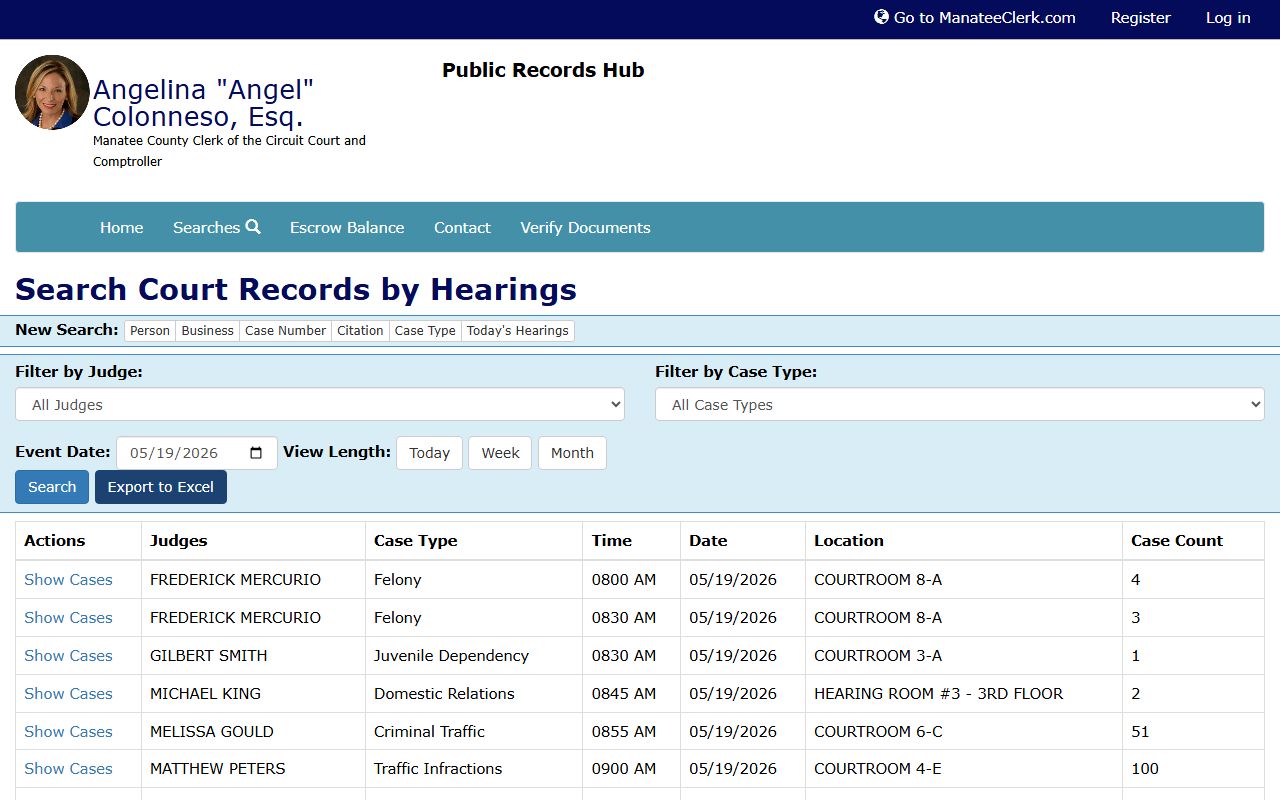 Manatee County Clerk Today's Hearings judge docket page