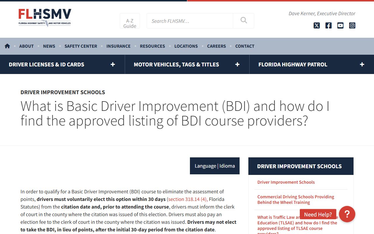 Florida FLHSMV Basic Driver Improvement school page