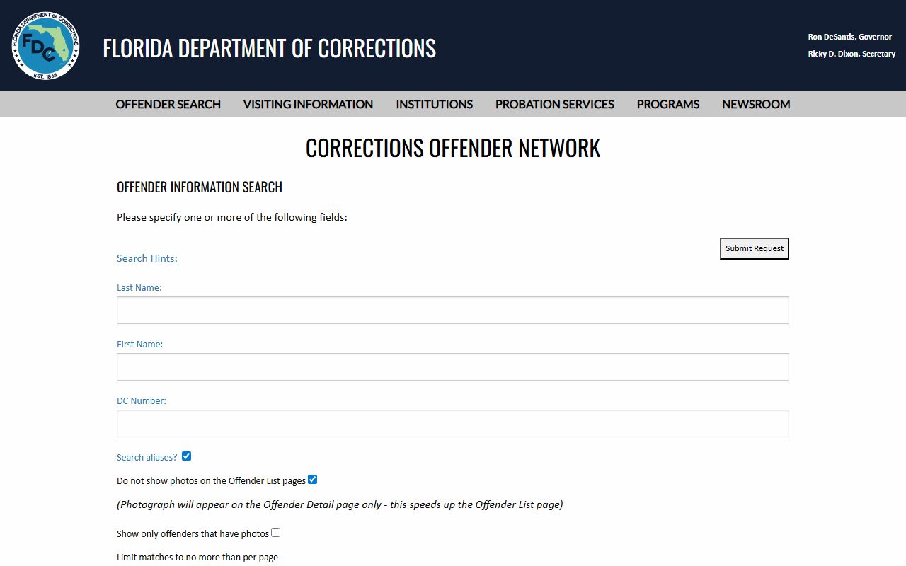 Florida Department of Corrections offender search page