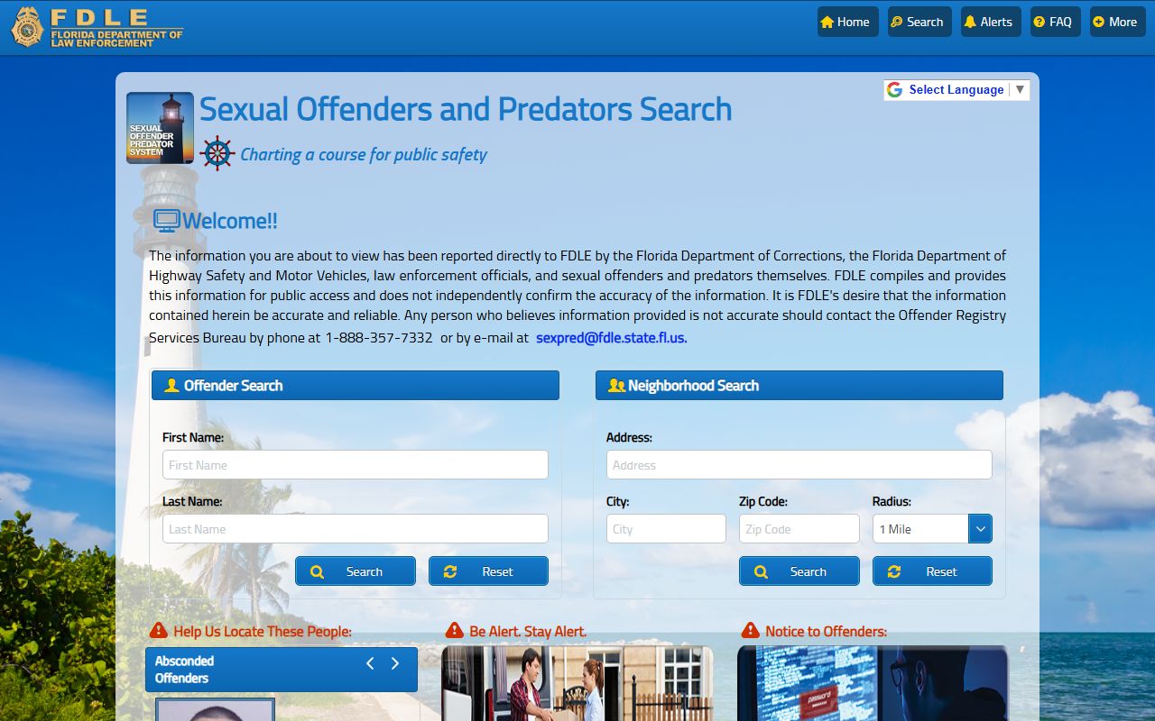Florida sex offender and predator registry search page