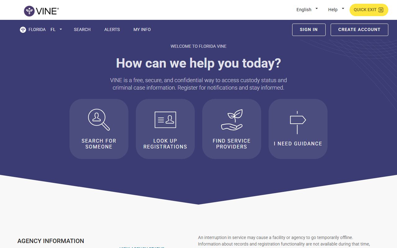 Florida VINELink custody notification system page